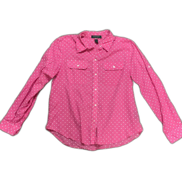 Lauren Ralph Lauren Bright Pink White Dot Cotton Voile LS Button Shirt Size PL - Picture 2 of 10